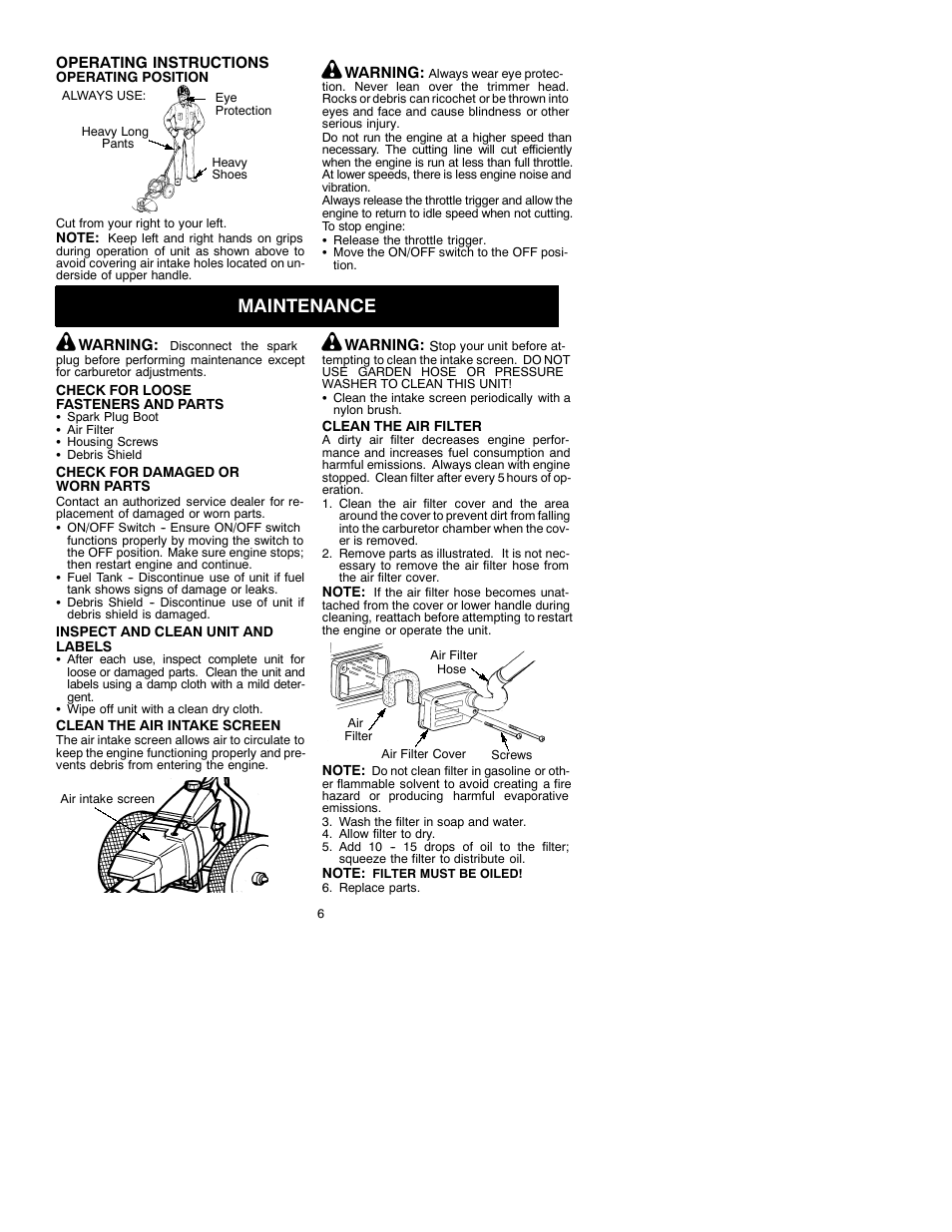 Maintenance | Weed Eater 530088156 User Manual | Page 6 / 10