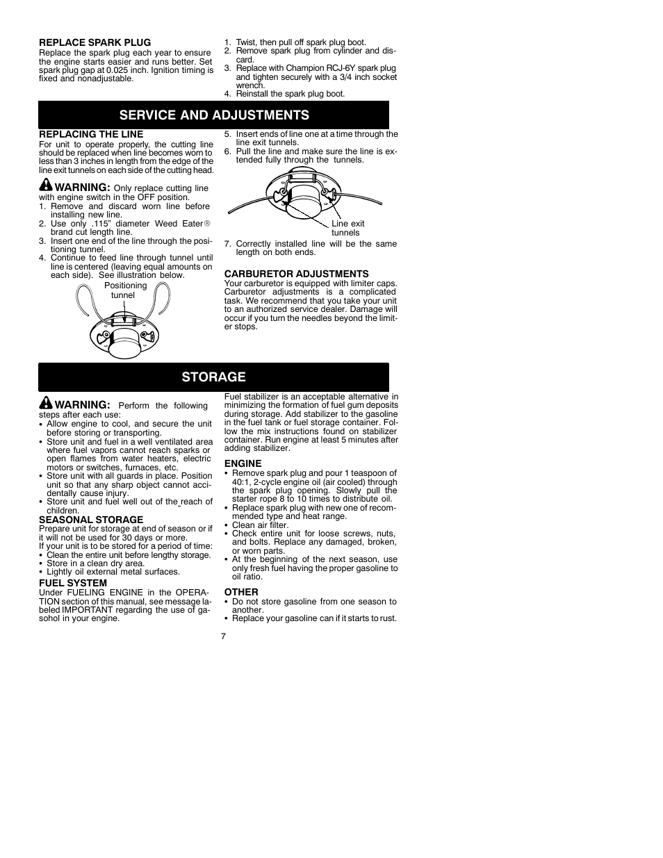 Service and adjustments, Storage | Weed Eater 530088156 User Manual | Page 7 / 10