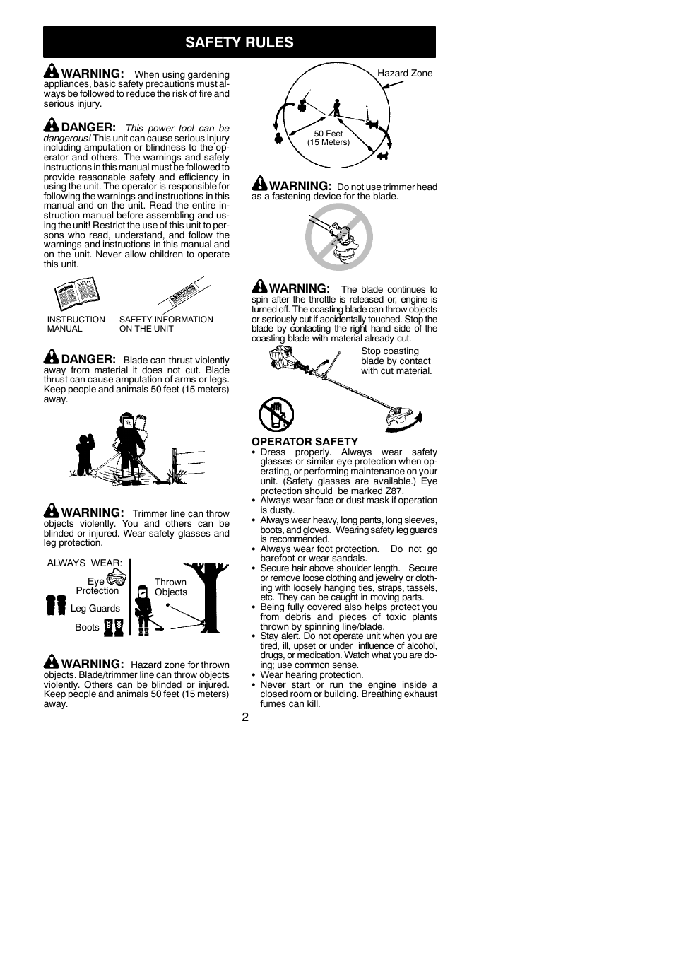 Safety rules, Warning, Danger | Weed Eater 530163351 User Manual | Page 2 / 15