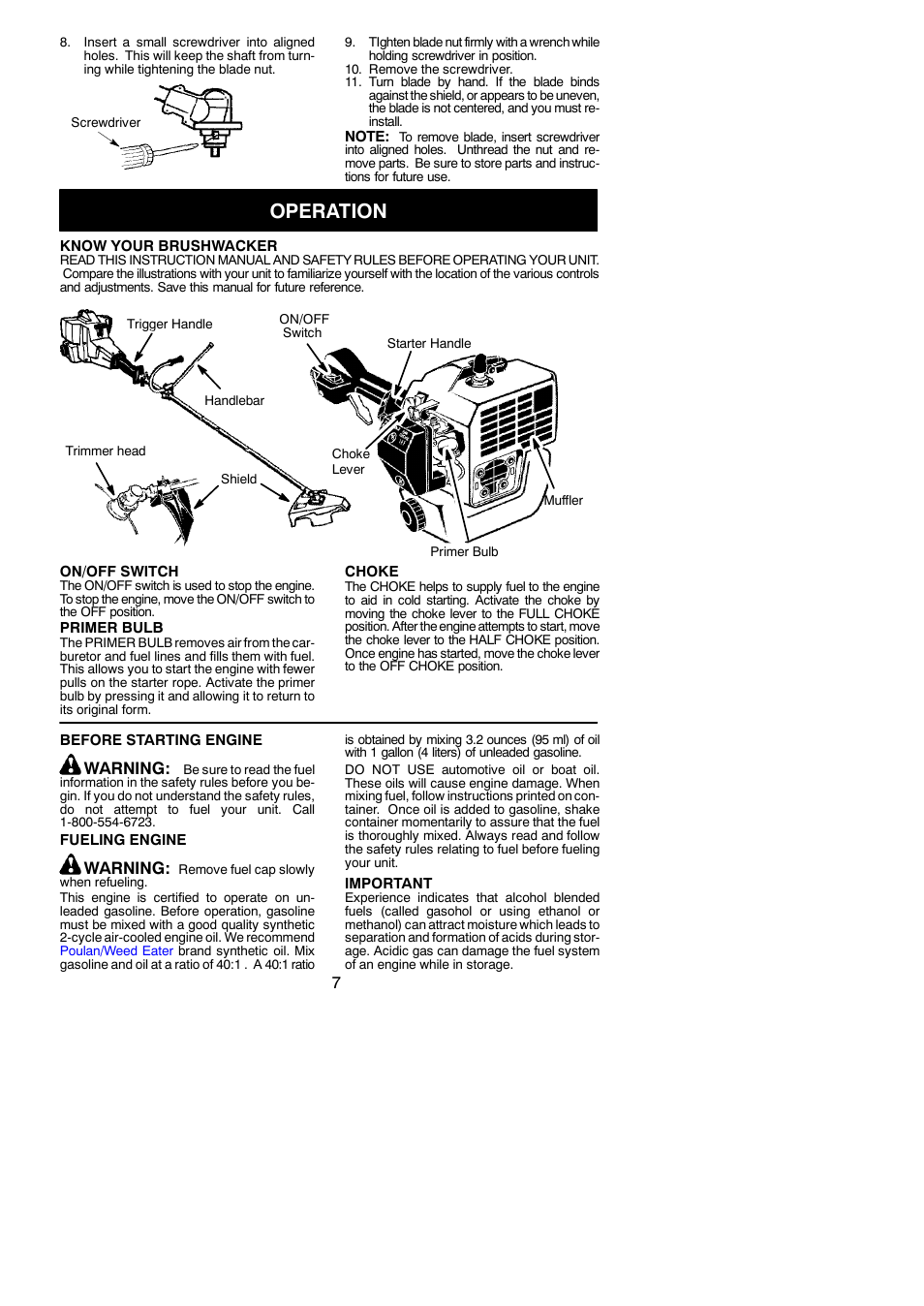 Operation, Warning | Weed Eater 530163351 User Manual | Page 7 / 15