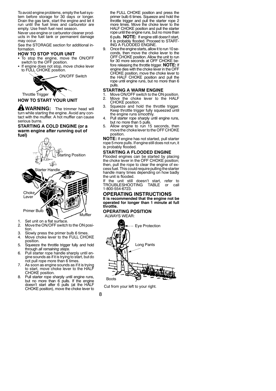 Warning, Operating instructions | Weed Eater 530163351 User Manual | Page 8 / 15
