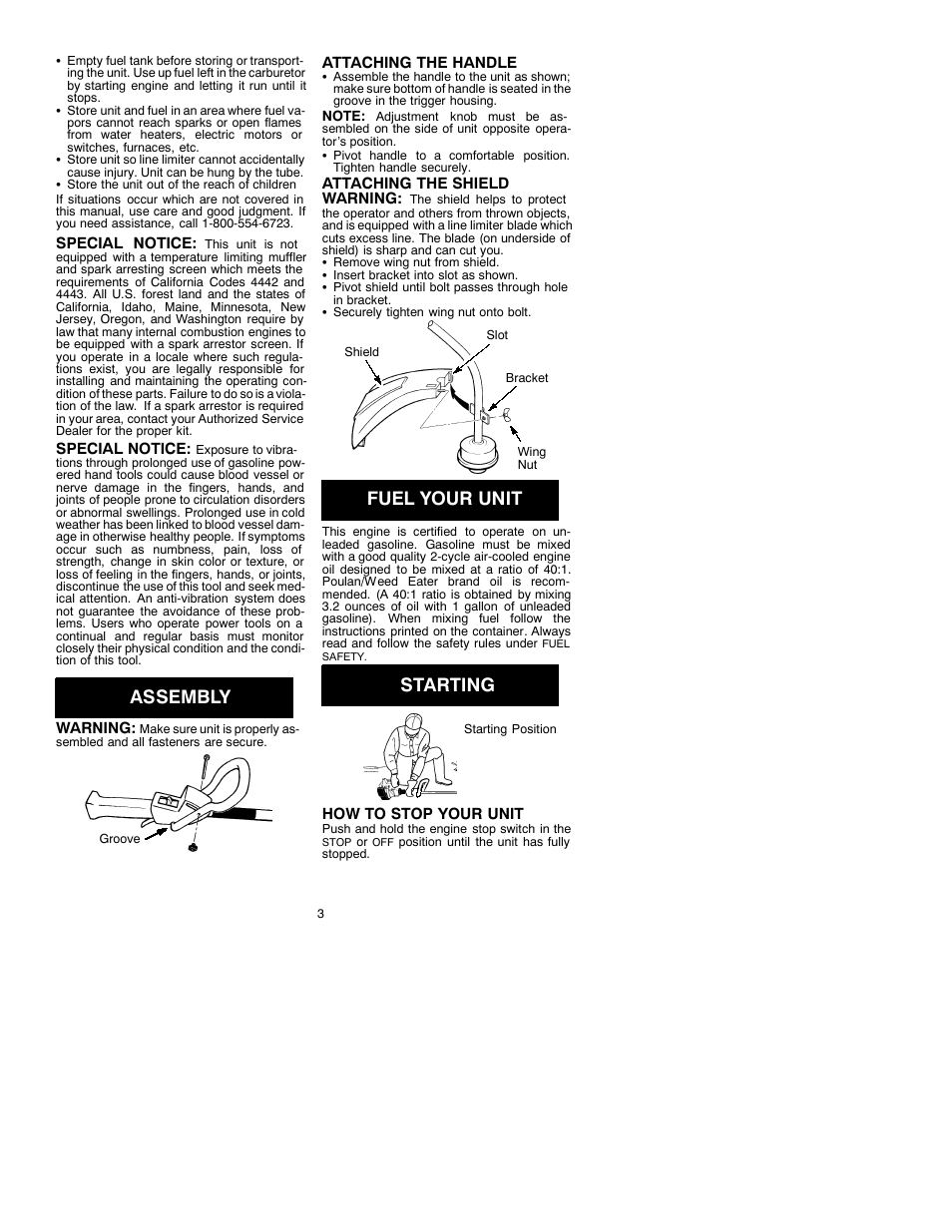 Assembly, Fuel your unit, Starting | Weed Eater 530087728 User Manual | Page 3 / 6