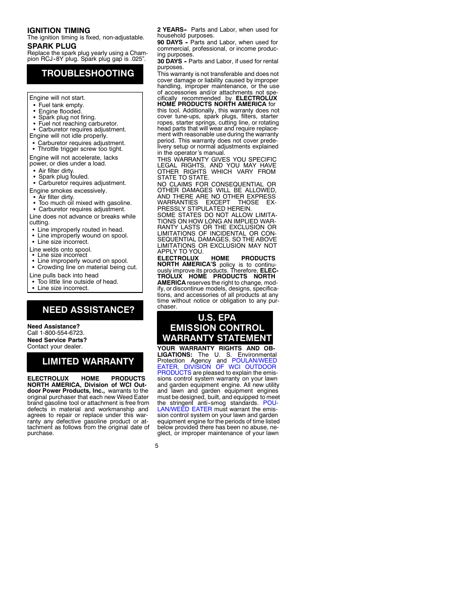 Troubleshooting, Need assistance, Limited warranty | U.s. epa emission control warranty statement | Weed Eater 530087728 User Manual | Page 5 / 6