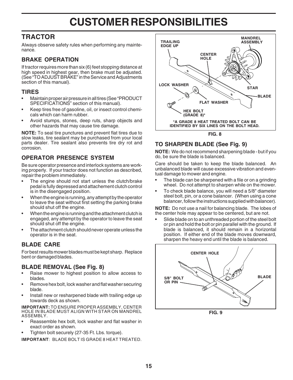 Customer responsibilities, Tractor | Weed Eater 183670 User Manual | Page 15 / 48