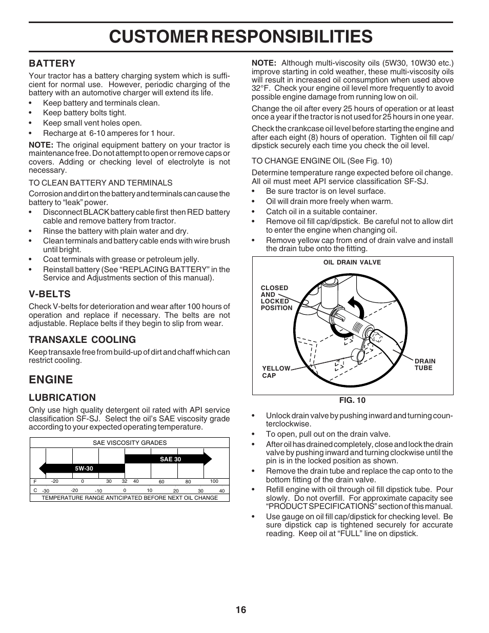 Customer responsibilities, Engine, Lubrication | V-belts, Transaxle cooling, Battery | Weed Eater 183670 User Manual | Page 16 / 48