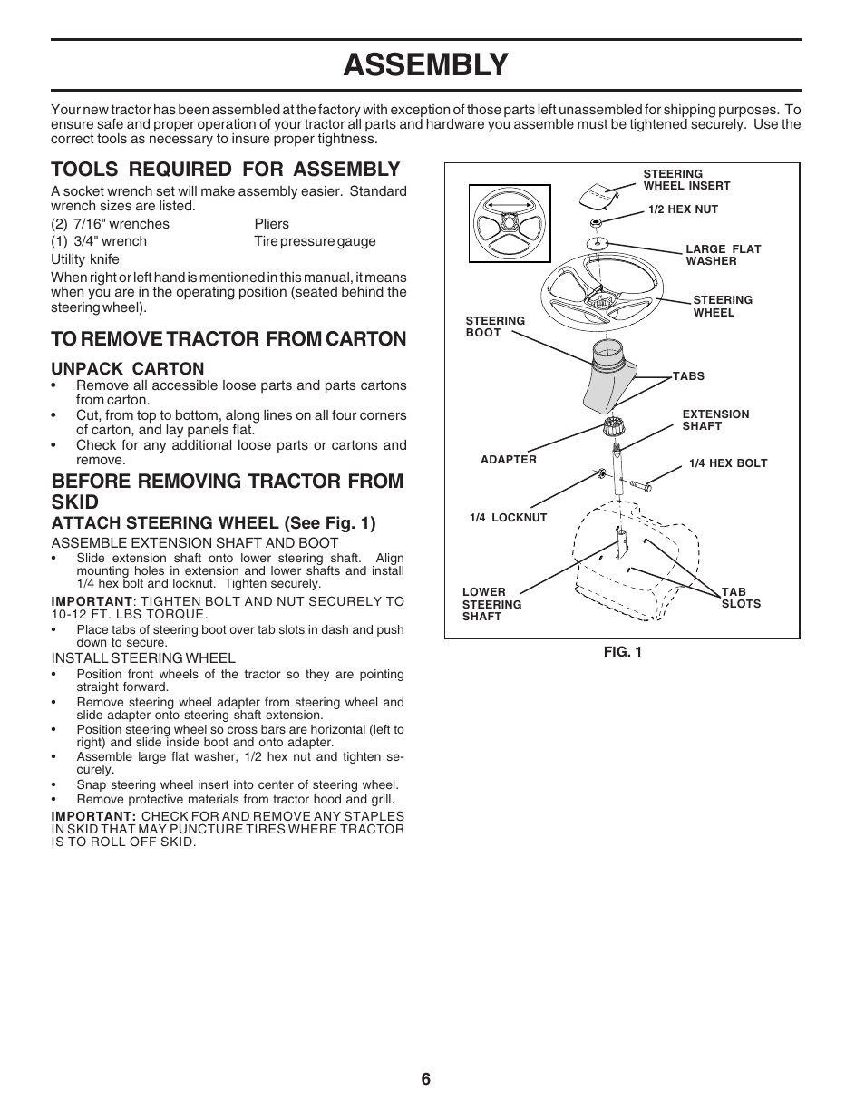 Assembly, Tools required for assembly, Before removing tractor from skid | Weed Eater 183670 User Manual | Page 6 / 48