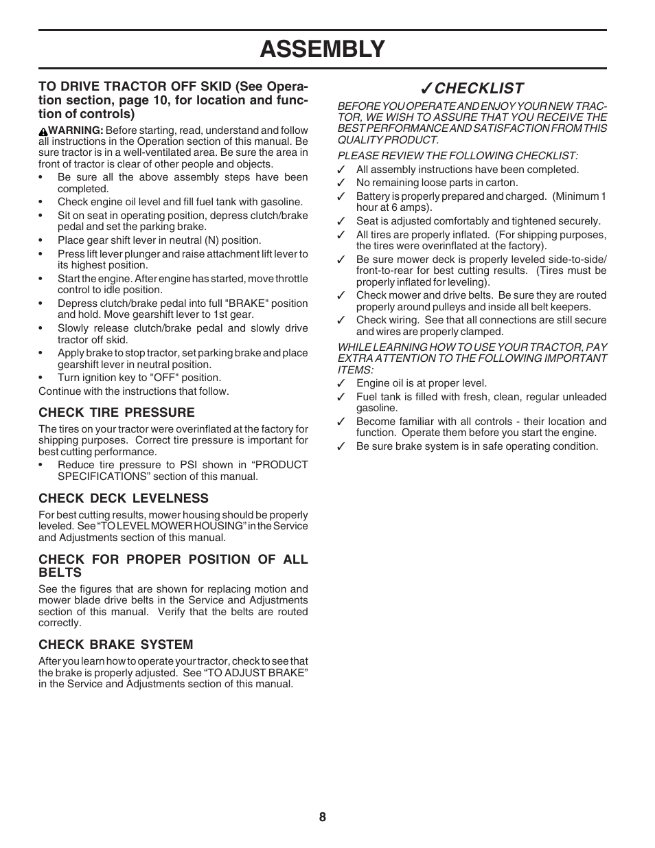 Assembly, Checklist | Weed Eater 183670 User Manual | Page 8 / 48