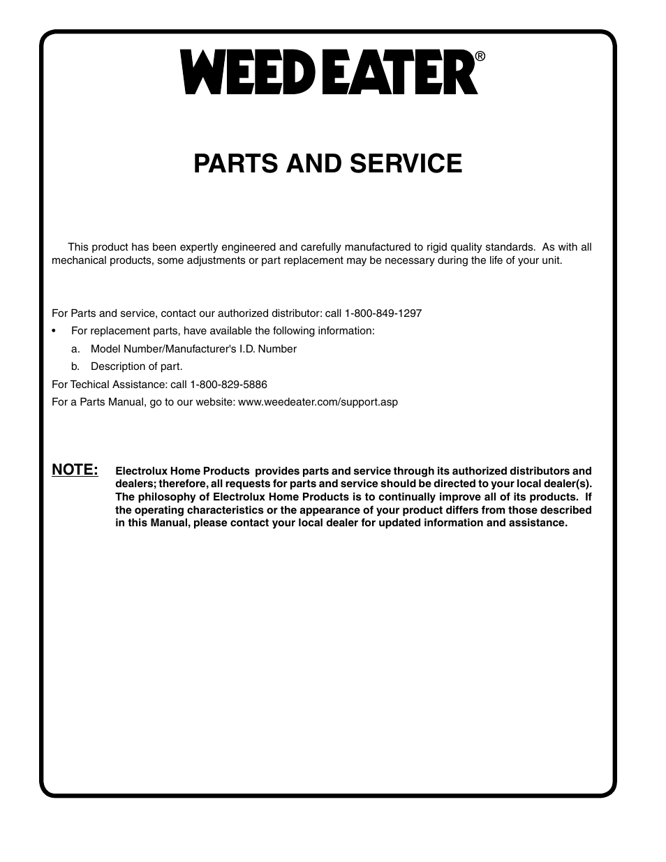 Parts and service | Weed Eater 403284 User Manual | Page 30 / 30