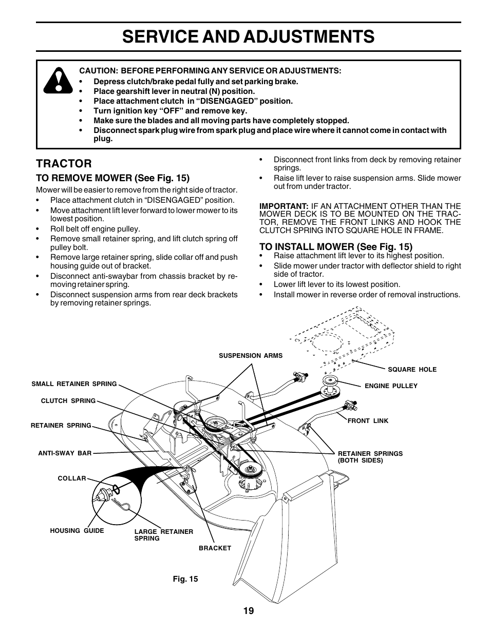 Service and adjustments, Tractor | Weed Eater 176840 User Manual | Page 19 / 48