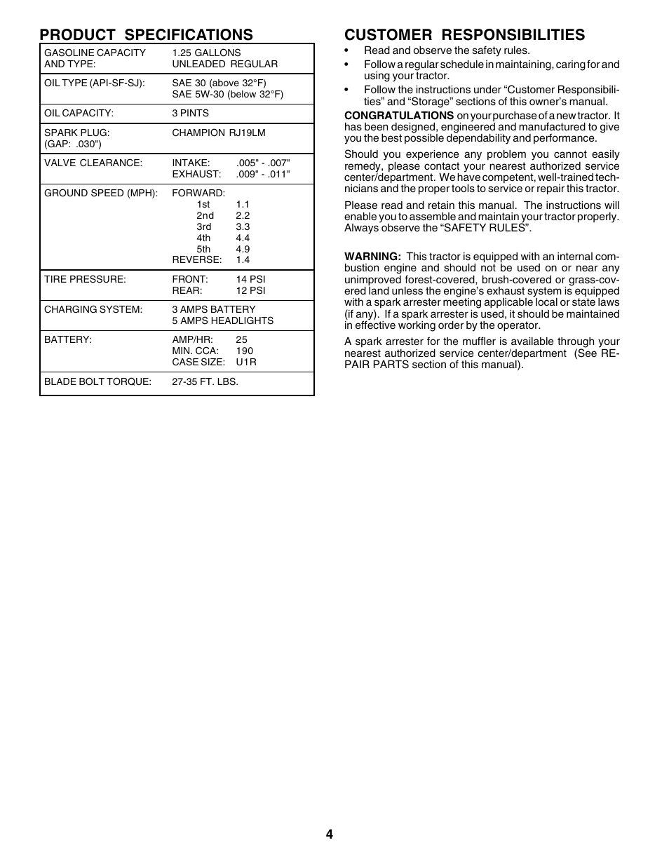 Product specifications, Customer responsibilities | Weed Eater 176840 User Manual | Page 4 / 48