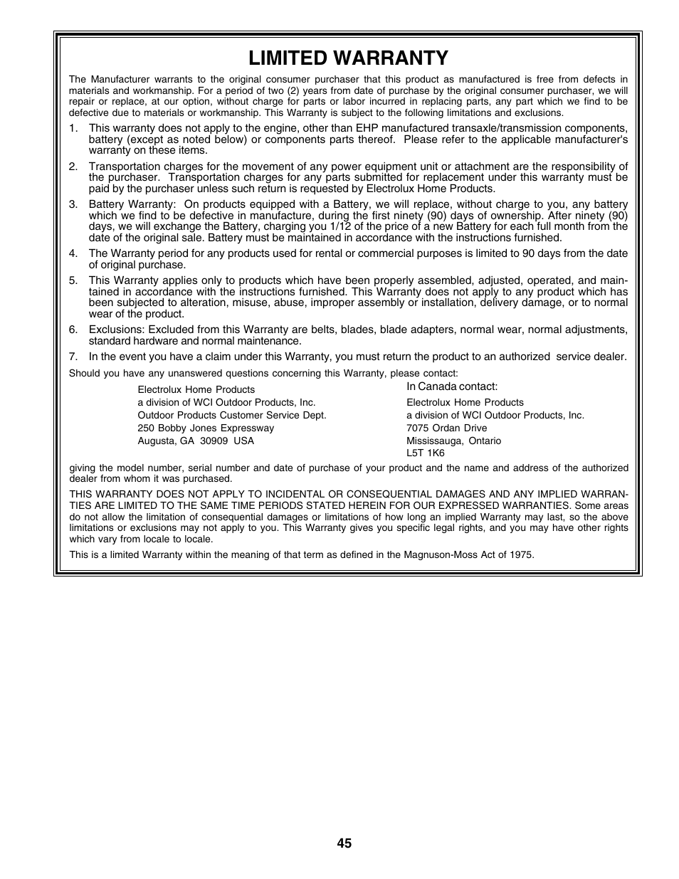 Limited warranty | Weed Eater 176840 User Manual | Page 45 / 48