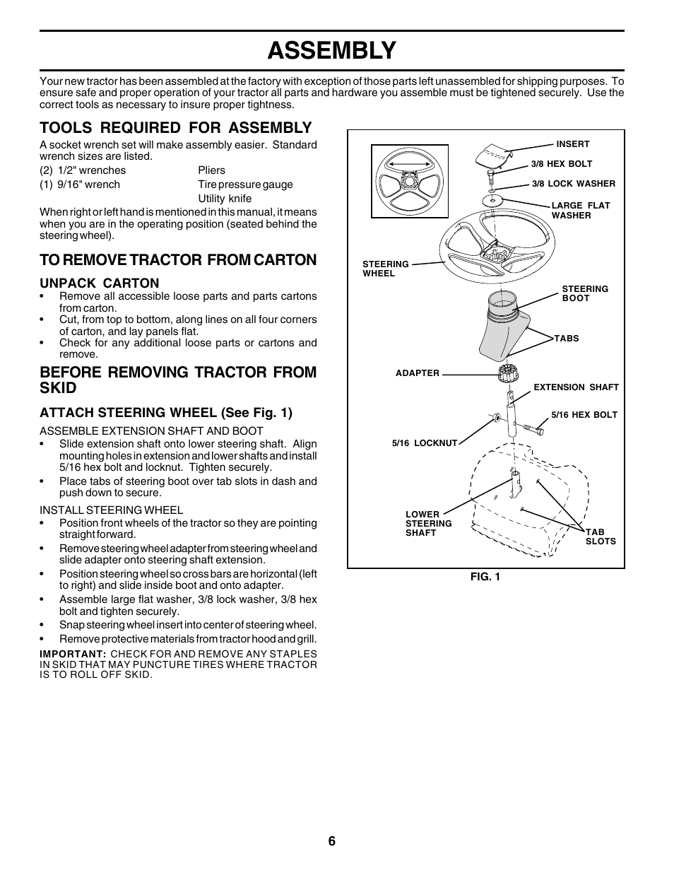 Assembly, Tools required for assembly, Before removing tractor from skid | Weed Eater 176840 User Manual | Page 6 / 48