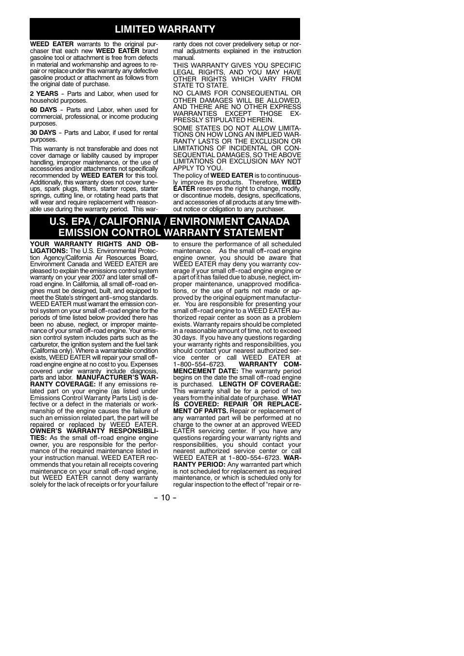 Limited warranty | Weed Eater 545137297 User Manual | Page 10 / 11