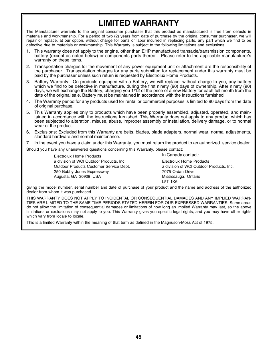 Limited warranty | Weed Eater 180530 User Manual | Page 45 / 48