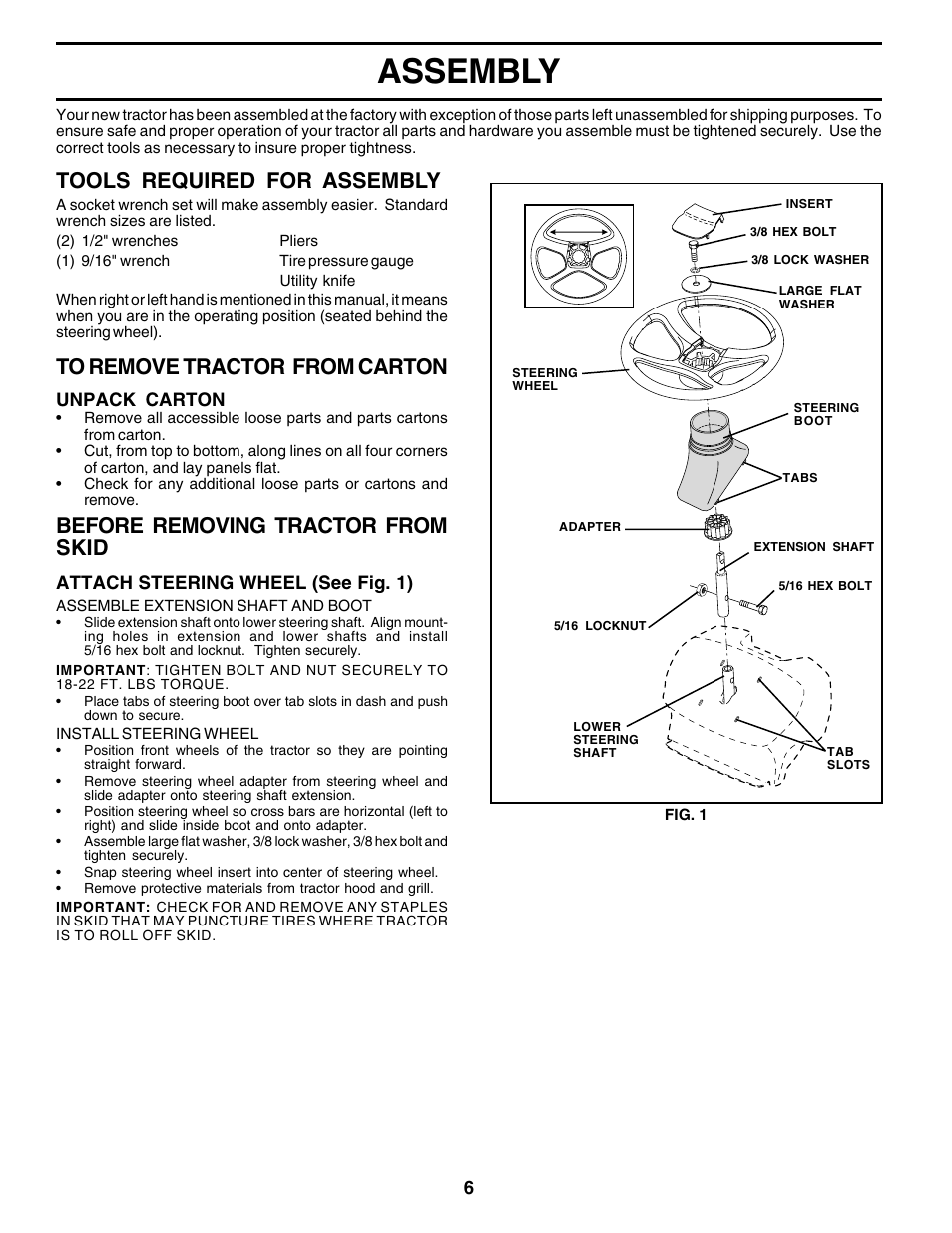 Assembly, Tools required for assembly, Before removing tractor from skid | Weed Eater 180530 User Manual | Page 6 / 48