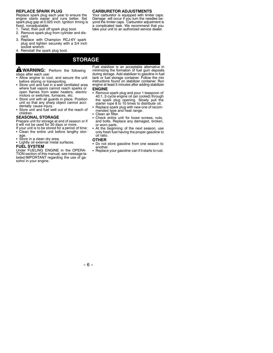 Storage | Weed Eater 530088117 User Manual | Page 6 / 9
