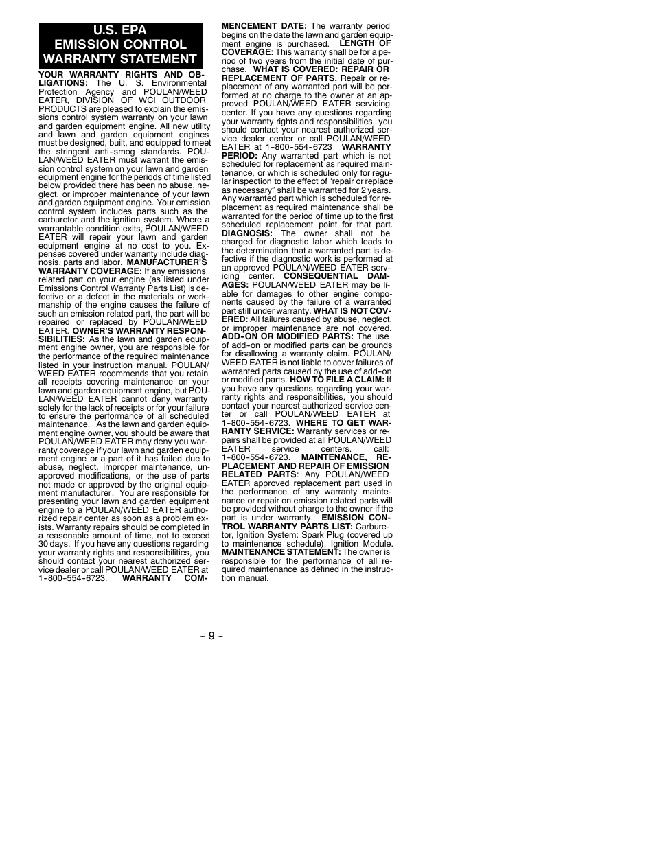 U.s. epa emission control warranty statement | Weed Eater 530086690 User Manual | Page 9 / 9