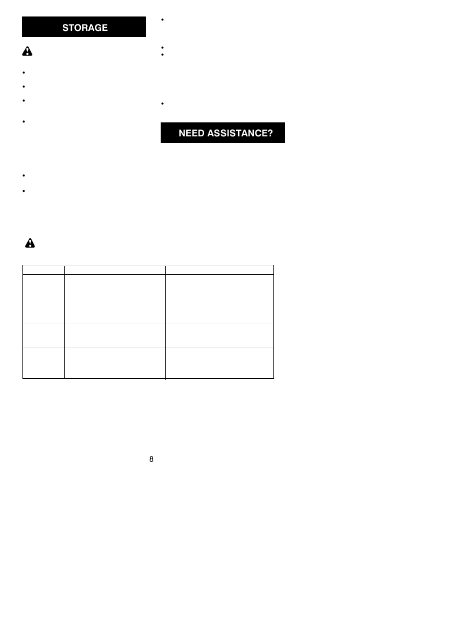 Storage, Need assistance, Warning | Weed Eater 2600 User Manual | Page 8 / 9