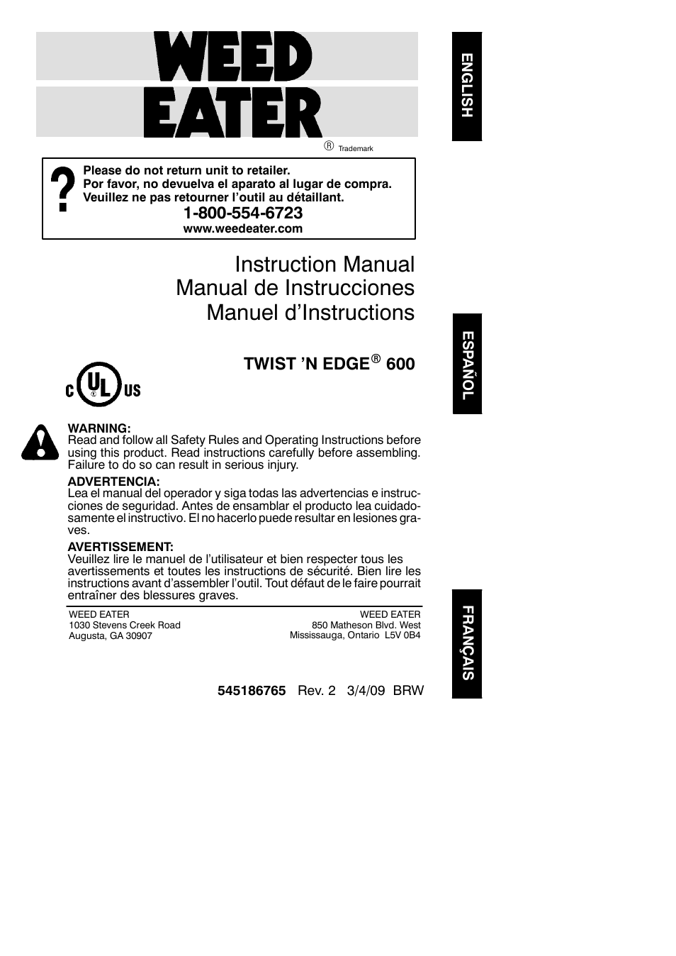 Weed Eater Twist 'N Edge 600 User Manual | 14 pages