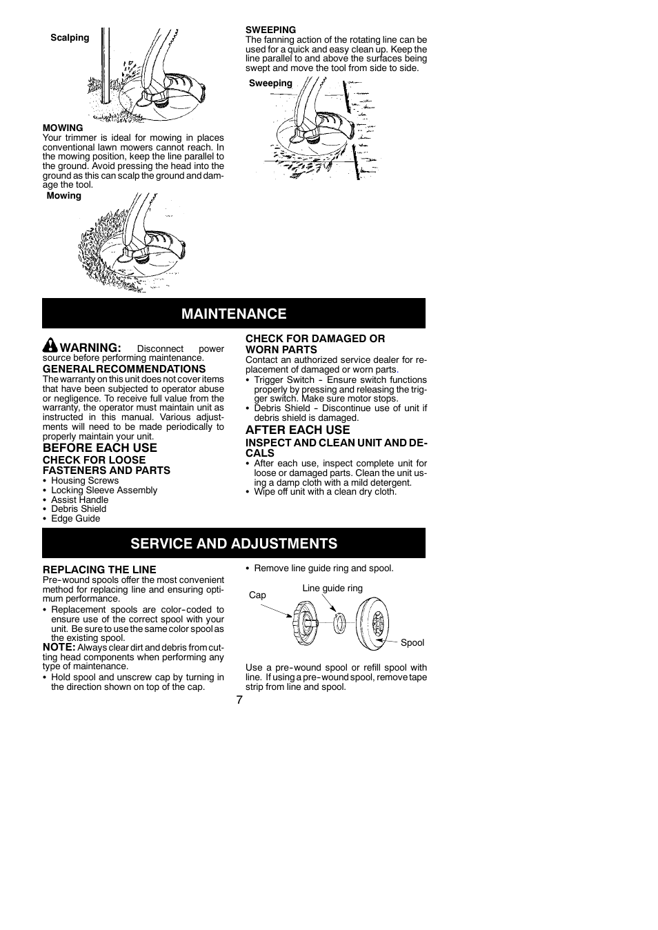 Maintenance, Service and adjustments | Weed Eater 545186761 User Manual | Page 7 / 10