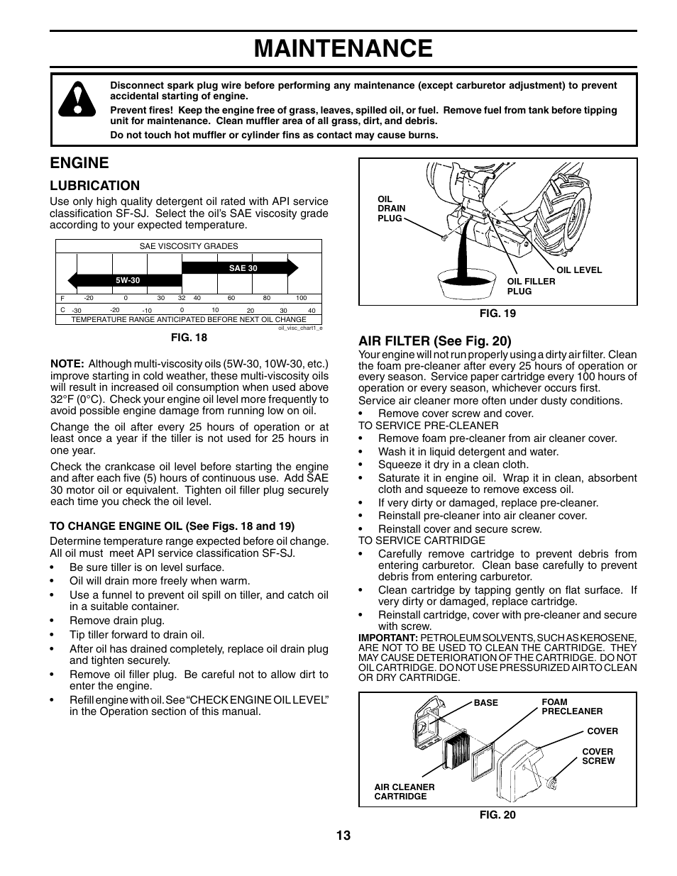 Maintenance, Engine, Lubrication | Air filter (see fig. 20) | Weed Eater 186100 User Manual | Page 13 / 28