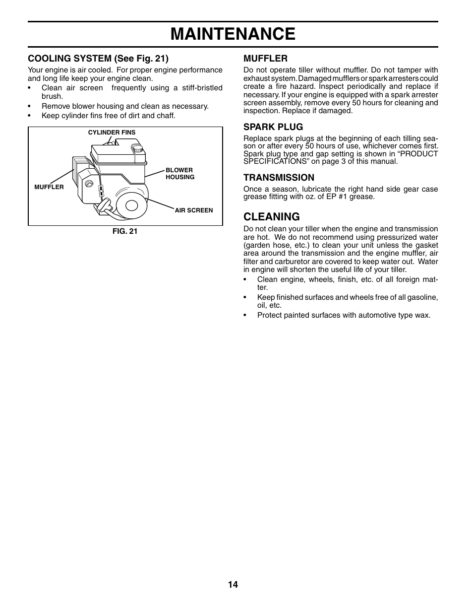 Maintenance, Cleaning | Weed Eater 186100 User Manual | Page 14 / 28