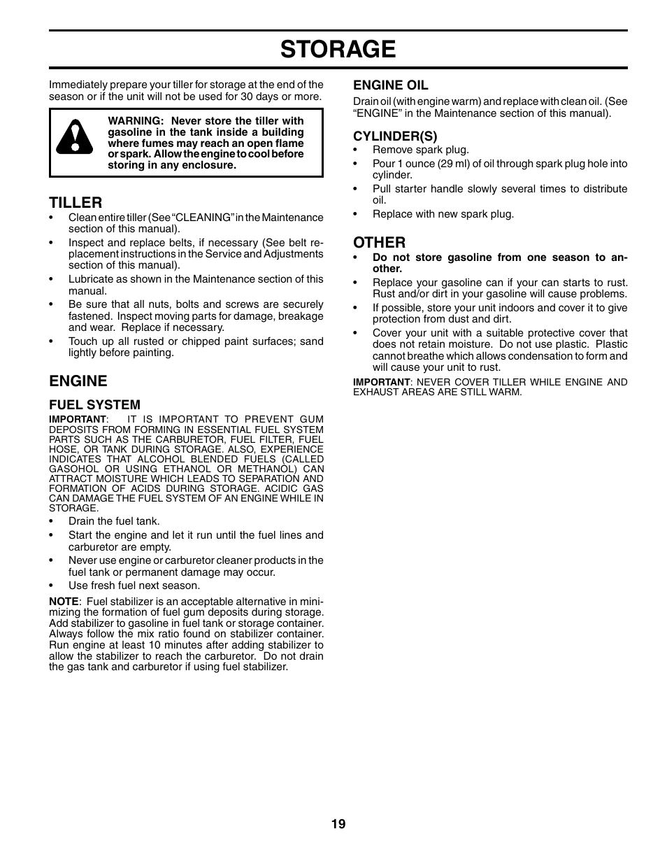 Storage, Tiller, Engine | Other | Weed Eater 186100 User Manual | Page 19 / 28