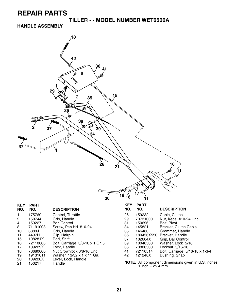 Repair parts, Tiller - - model number wet6500a | Weed Eater 186100 User Manual | Page 21 / 28
