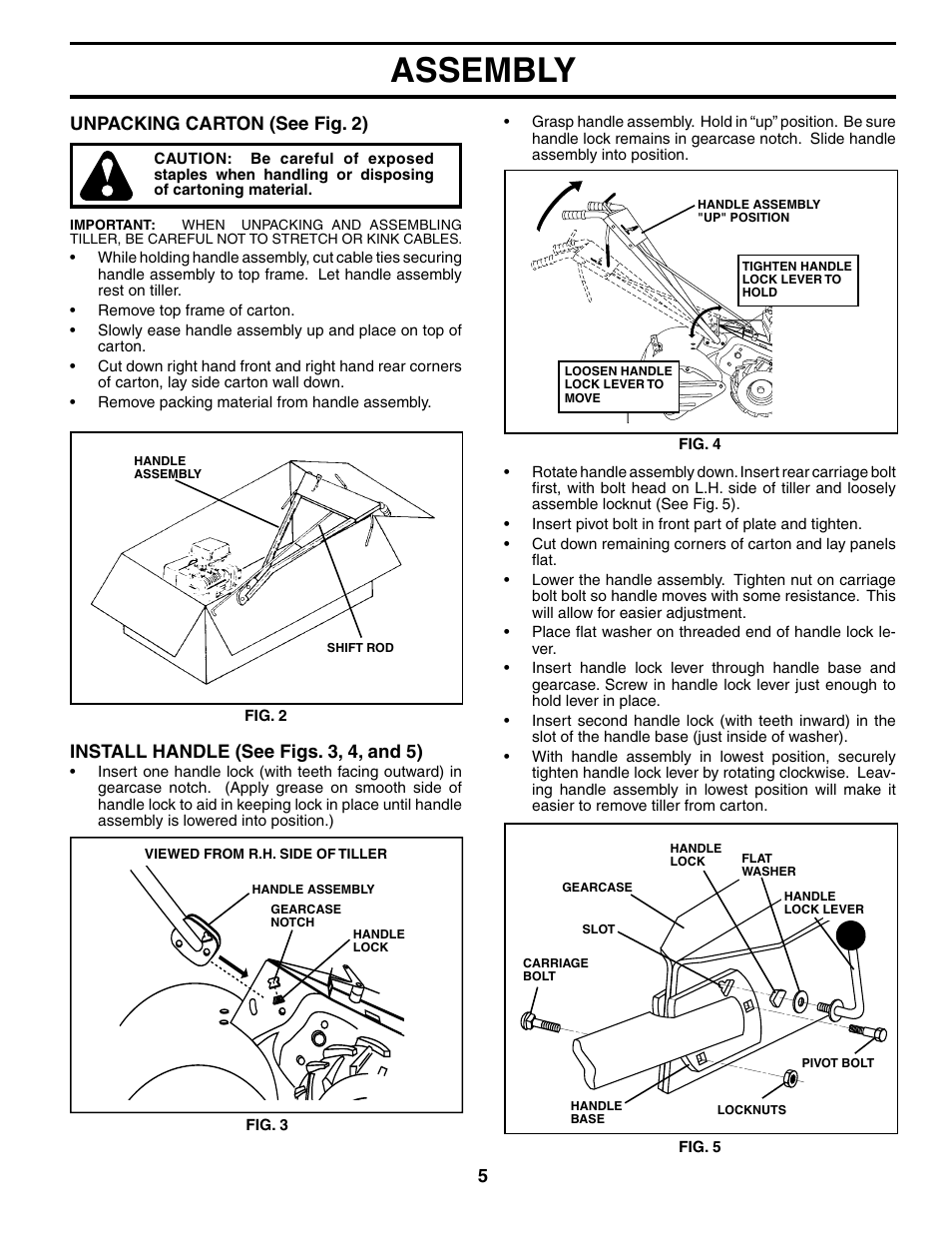 Assembly, Unpacking carton (see fig. 2), Install handle (see figs. 3, 4, and 5) | Weed Eater 186100 User Manual | Page 5 / 28