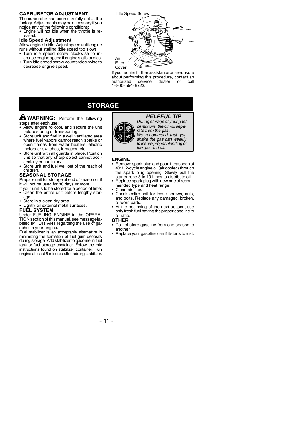 Storage, Warning, Helpful tip | Weed Eater 545146904 User Manual | Page 11 / 14