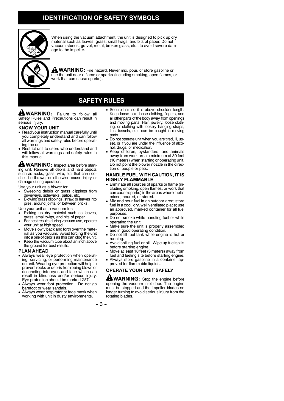 Identification of safety symbols, Safety rules, Warning | Weed Eater 545146904 User Manual | Page 3 / 14