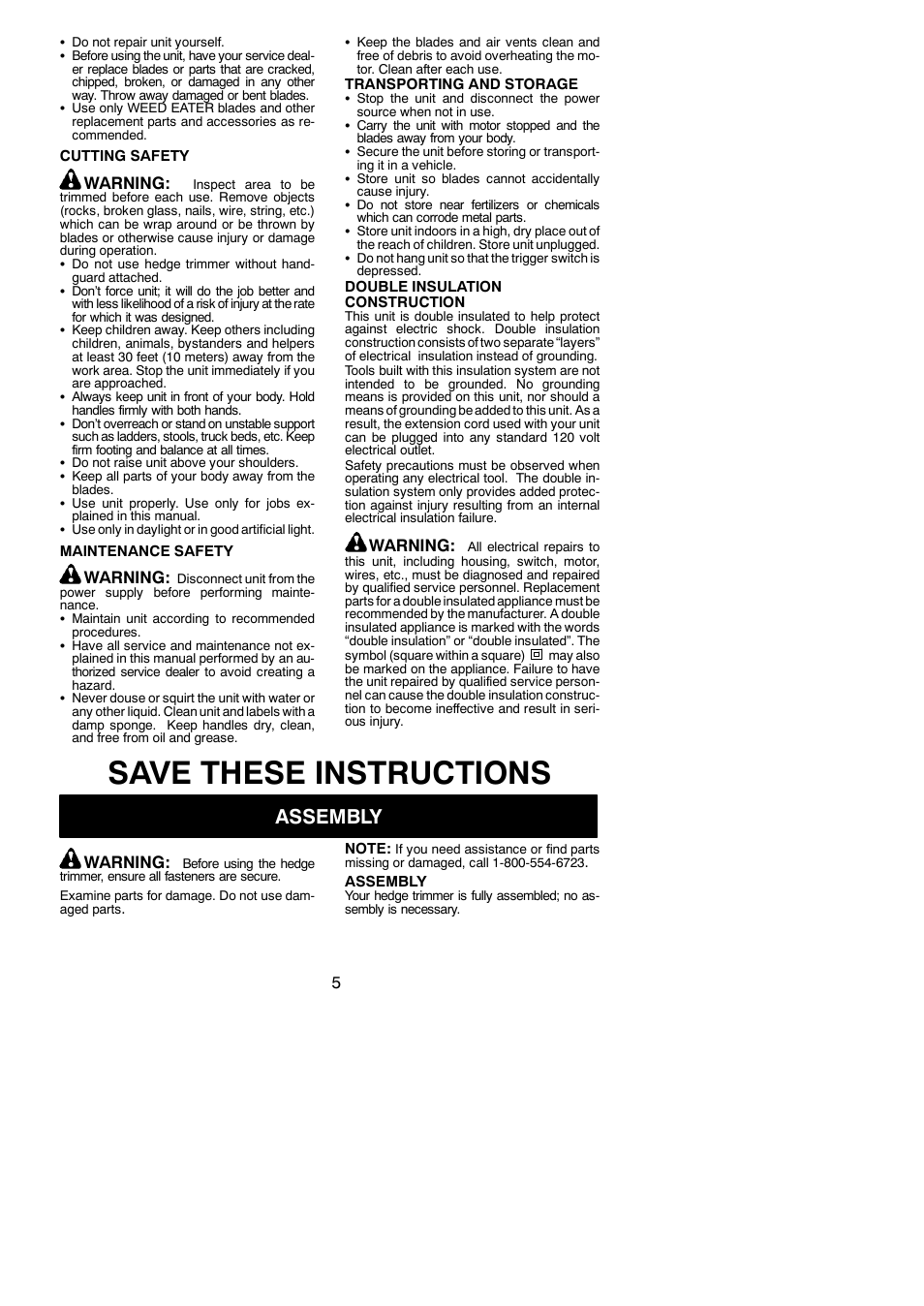 Save these instructions, Assembly, Warning | Weed Eater 545117507 User Manual | Page 5 / 9