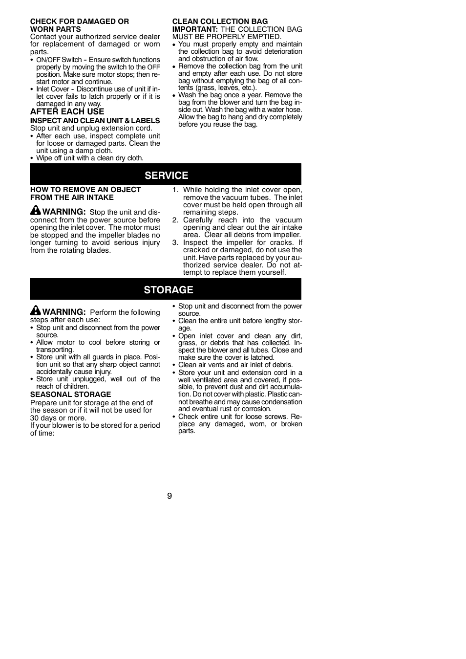 Service, Storage | Weed Eater 952711474 User Manual | Page 9 / 10