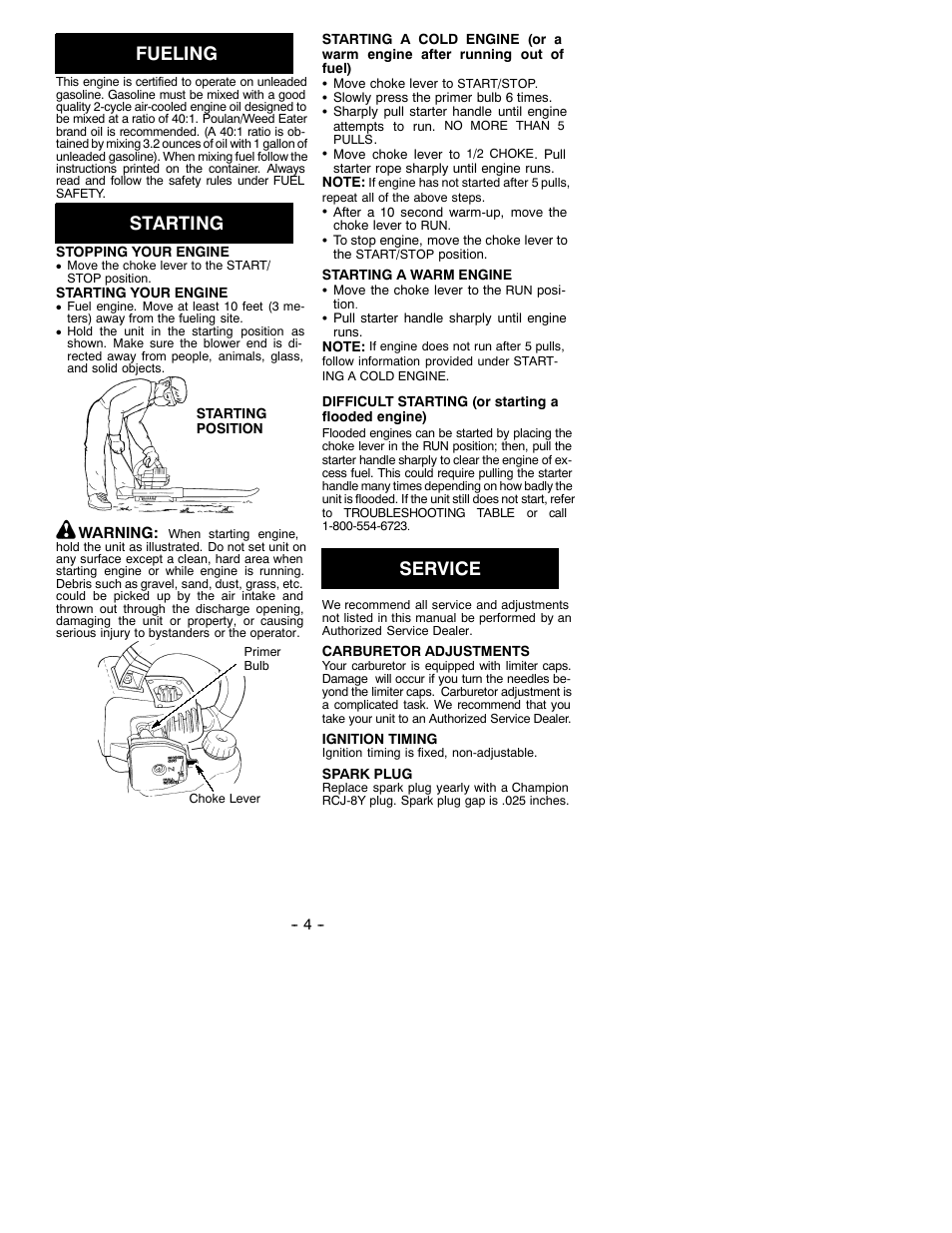 Fueling, Starting, Service | Weed Eater 530087893 User Manual | Page 4 / 6