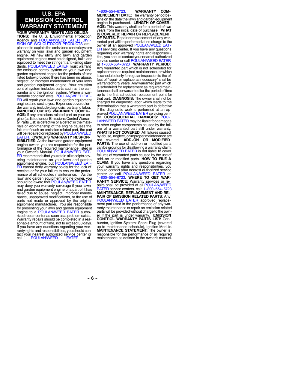 U.s. epa emission control warranty statement | Weed Eater 530087893 User Manual | Page 6 / 6