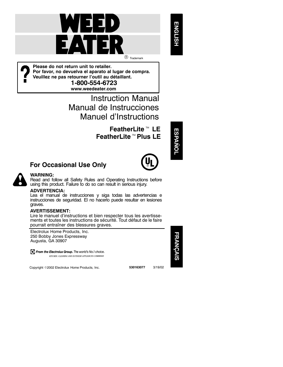 Weed Eater FeatherLite 530163077 User Manual | 11 pages