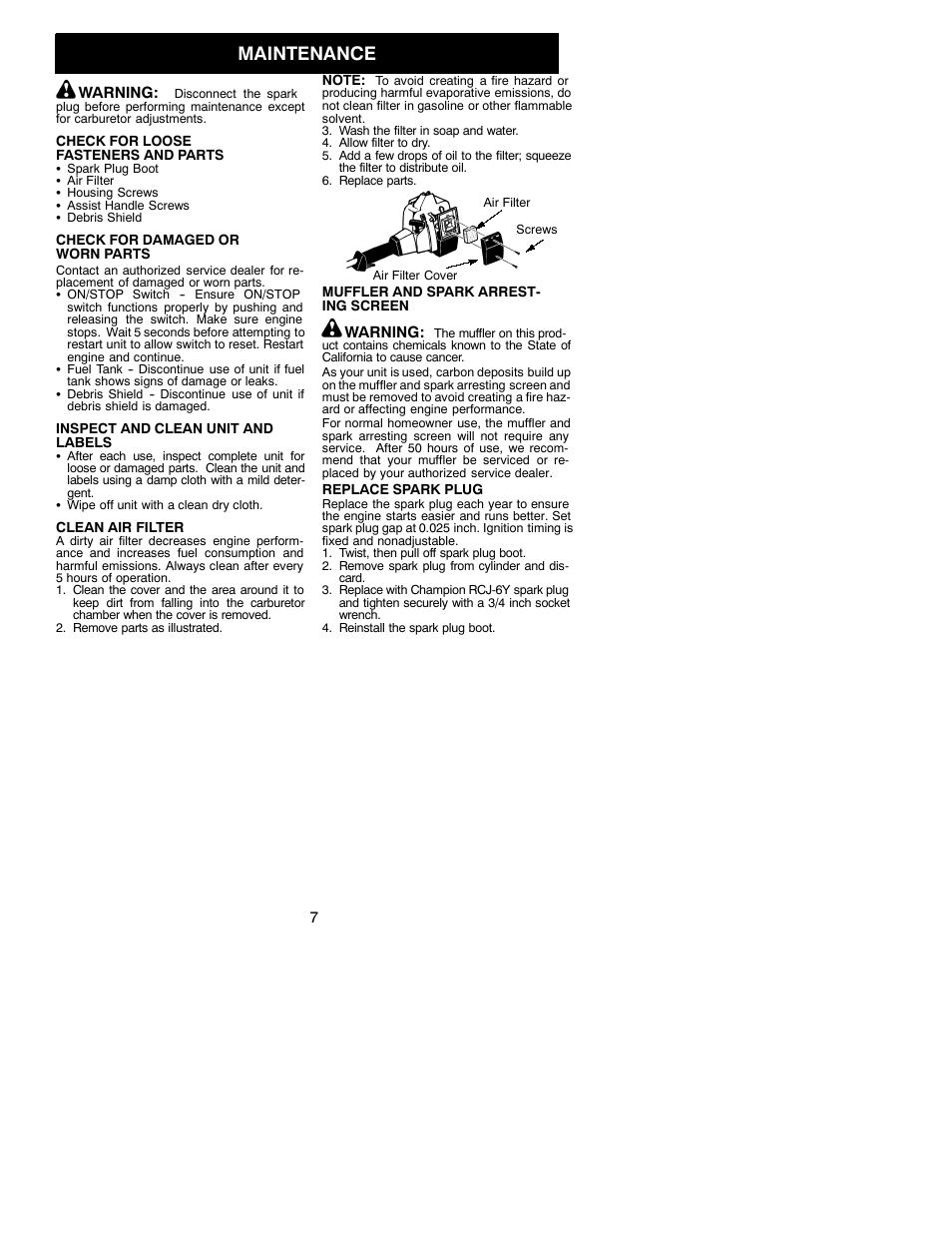 Maintenance | Weed Eater FeatherLite 530163077 User Manual | Page 7 / 11