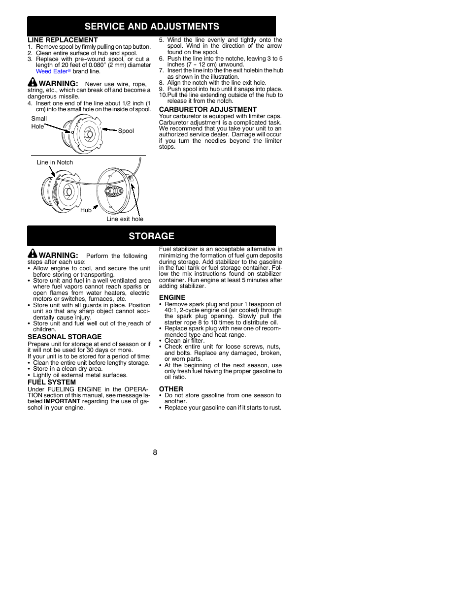 Service and adjustments, Storage | Weed Eater FeatherLite 530163077 User Manual | Page 8 / 11