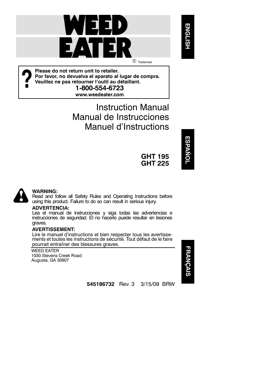 Weed Eater GHT 225 User Manual | 11 pages