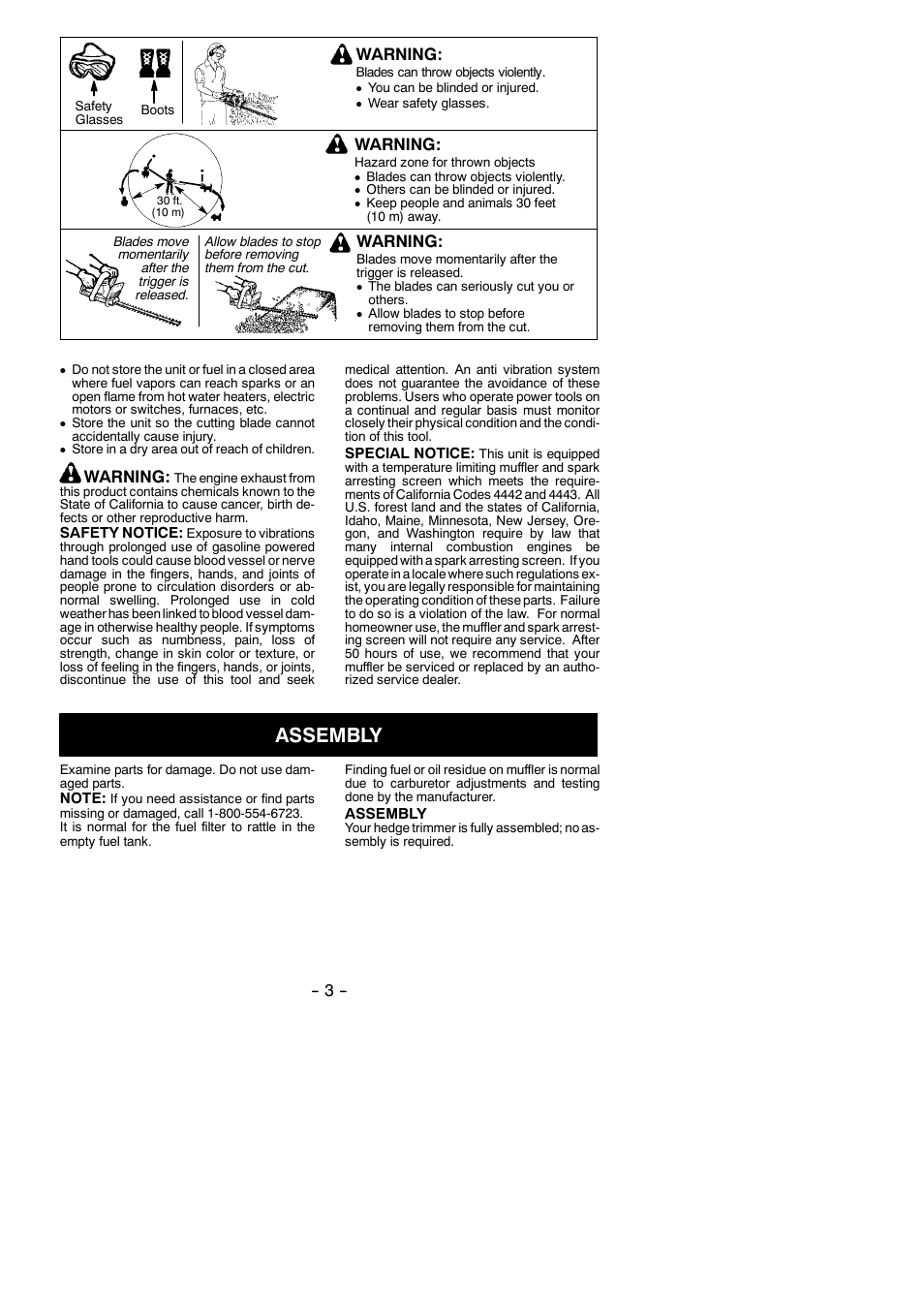 Assembly, Warning | Weed Eater GHT 225 User Manual | Page 3 / 11