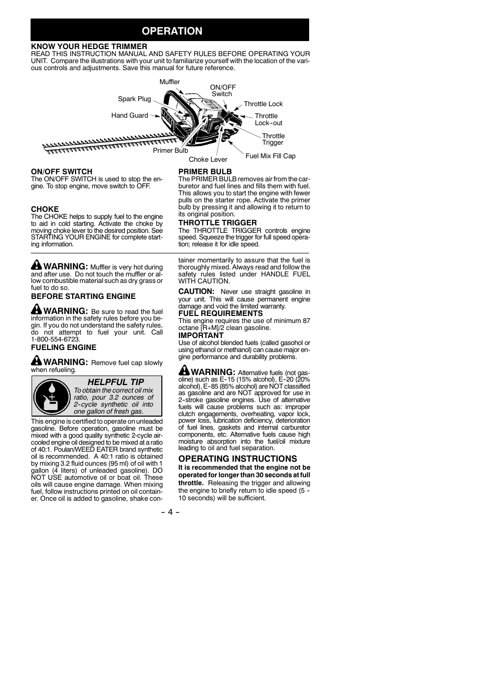 Operation, Warning, Helpful tip | Operating instructions | Weed Eater GHT 225 User Manual | Page 4 / 11