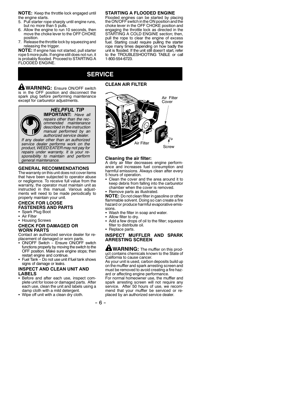 Service, Warning, Helpful tip | Weed Eater GHT 225 User Manual | Page 6 / 11