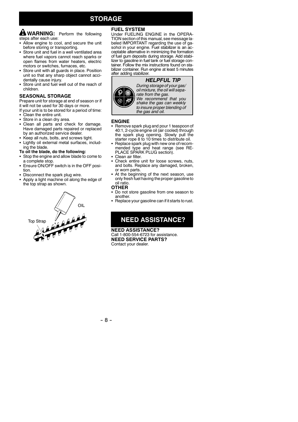 Storage, Need assistance, Warning | Helpful tip | Weed Eater GHT 225 User Manual | Page 8 / 11