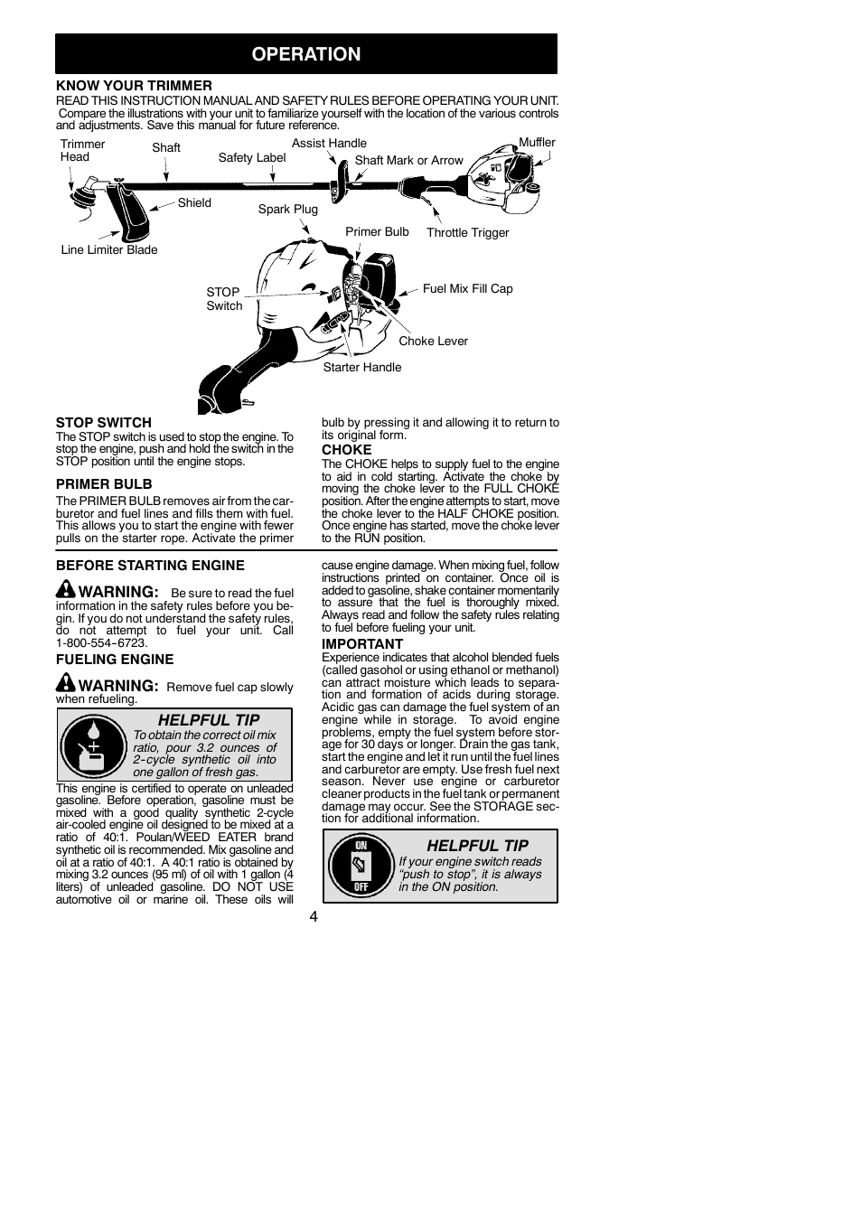 Operation, Warning, Helpful tip | Weed Eater MX550 User Manual | Page 4 / 12