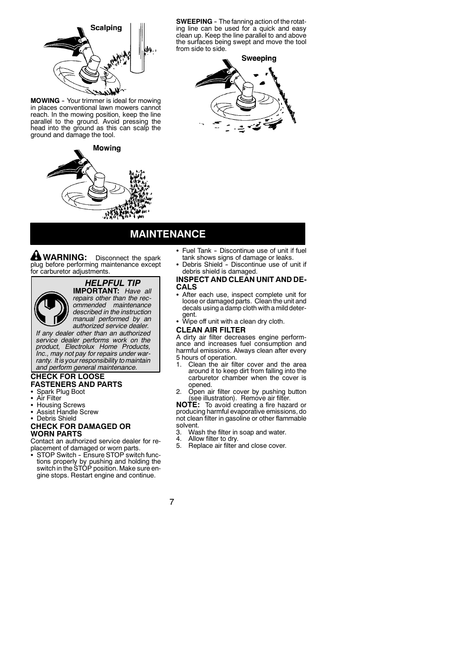 Maintenance, Warning, Helpful tip | Weed Eater MX550 User Manual | Page 7 / 12