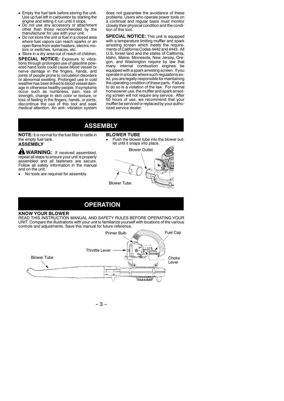 Assembly, Operation, Warning | Weed Eater 545137215 User Manual | Page 3 / 9