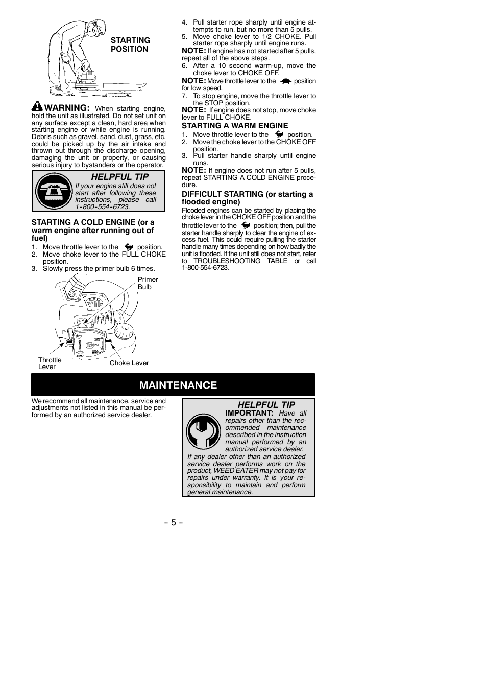 Maintenance, Warning, Helpful tip | Weed Eater 545137215 User Manual | Page 5 / 9