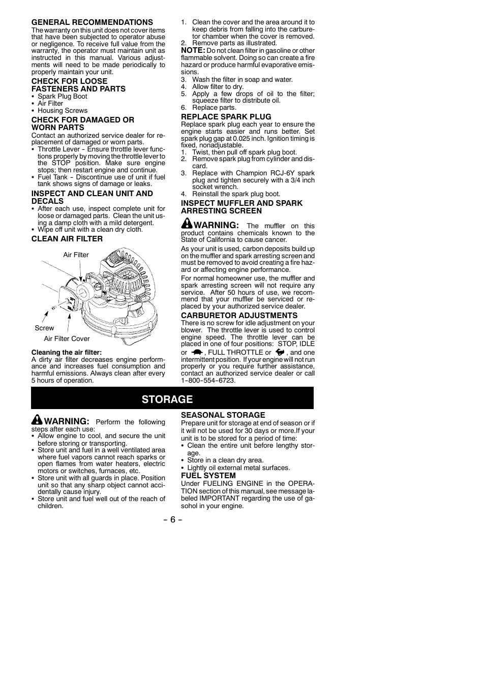 Storage, Warning | Weed Eater 545137215 User Manual | Page 6 / 9
