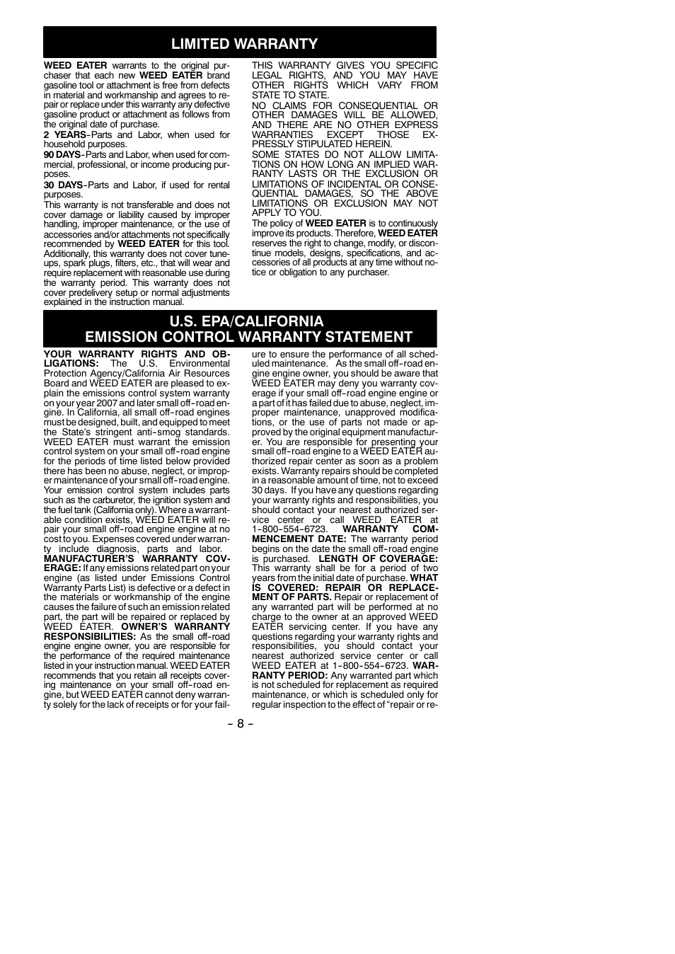 Limited warranty | Weed Eater 545137215 User Manual | Page 8 / 9