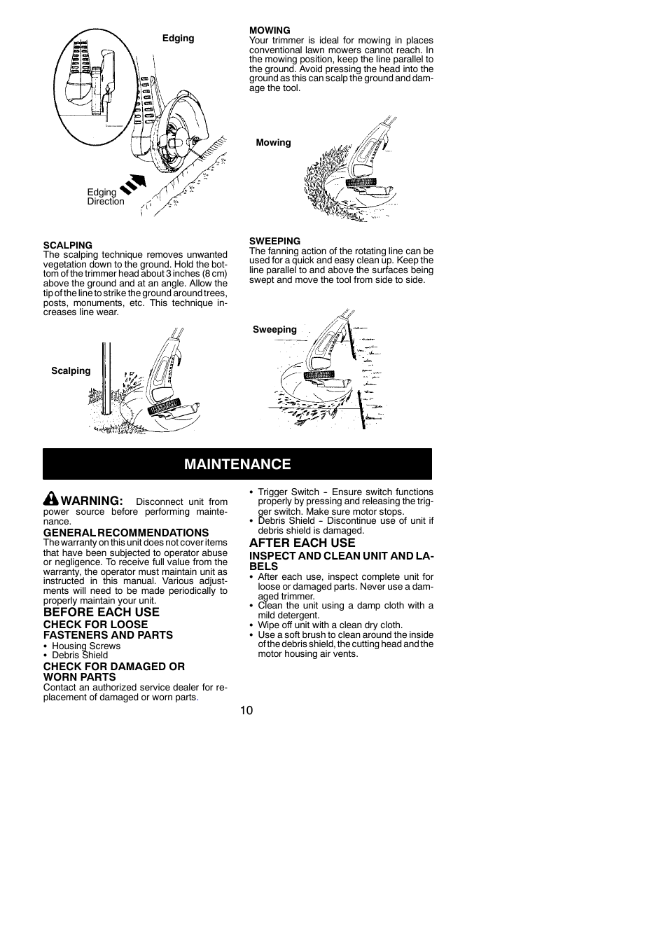 Maintenance, Warning, Before each use | After each use | Weed Eater TWIST 'N EDGE 952711895 User Manual | Page 10 / 14